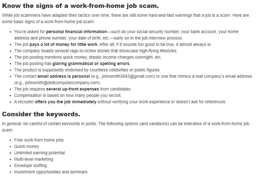 work from home jobs scam signs